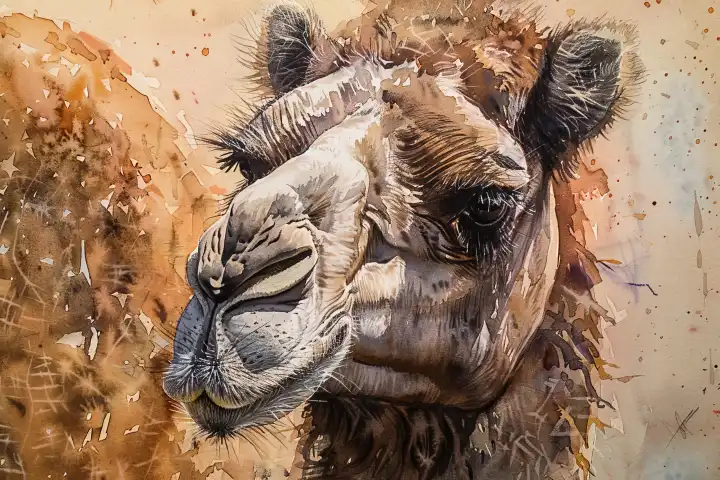Watercolor of a camel close up AI generated