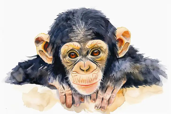 Watercolor of a cute baby chimpanzee AI generated
