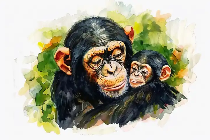 Watercolor of a cute baby chimpanzee in the arms of its mother AI generated