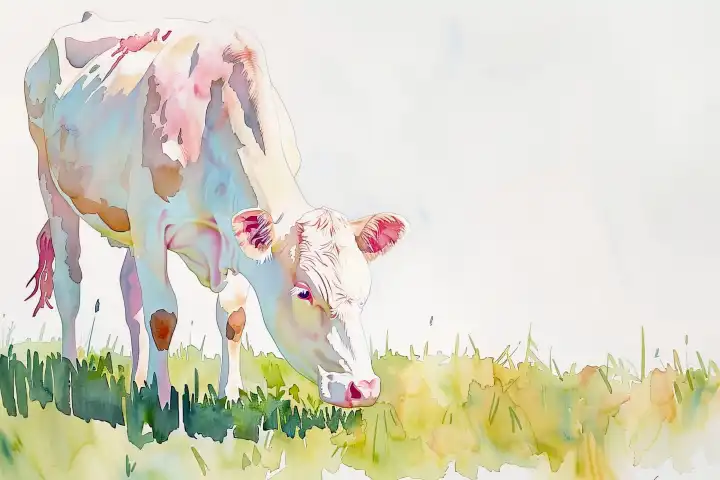 Watercolor of a grazing cow on a meadow AI generated