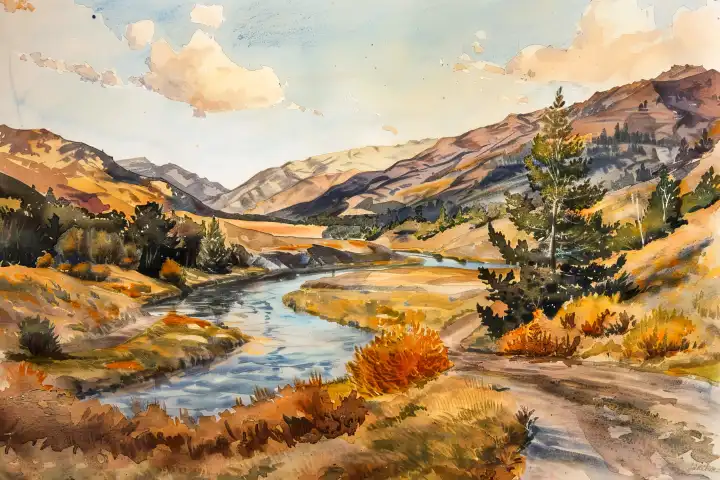 Watercolor of a landscape with a winding river AI generated