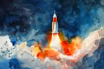 Watercolor of a lanuching rocket AI generated