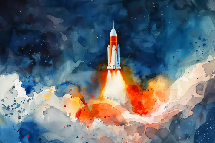 Watercolor of a lanuching rocket AI generated