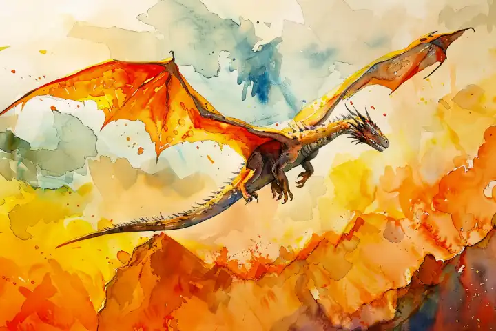 Watercolor of a mighty dragon flying AI generated