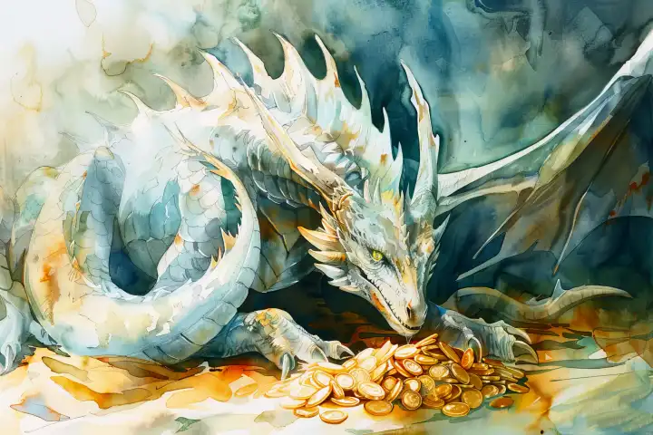Watercolor of a mighty dragon protecting its treasure AI generated