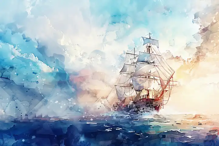 Watercolor of a sailing ship on the wild ocean AI generated