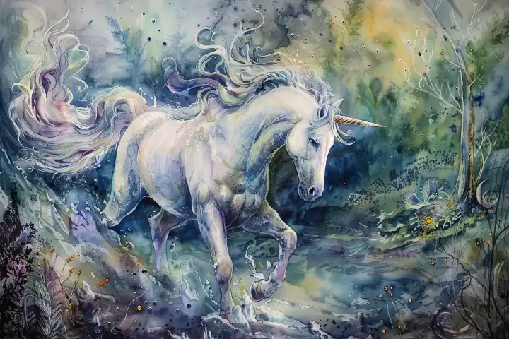 Watercolor of a unicorn in a fantasy world AI generated