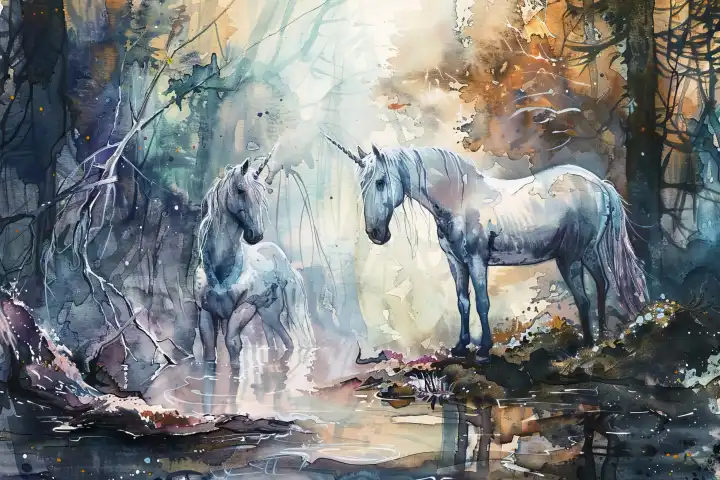 Watercolor of a unicorn in a fantasy world AI generated