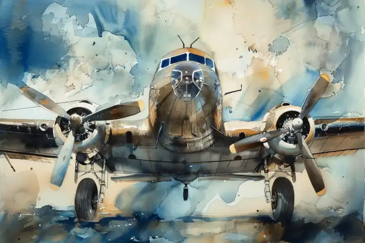 Aquarell eines Flugzeugs aus dem Zweiten Weltkrieg, AI-generiert