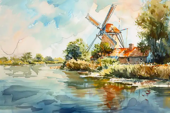 Aquarell einer alten Windmühle an einem Fluss AI erzeugt
