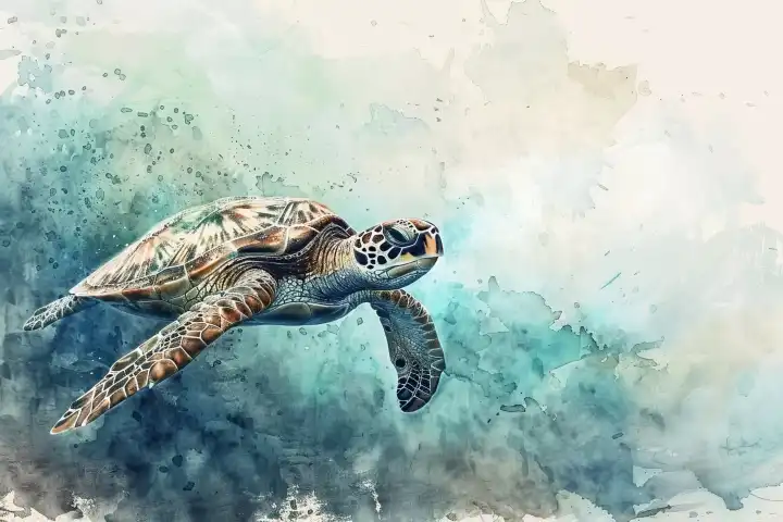 Watercolor of big turtle under water AI generated