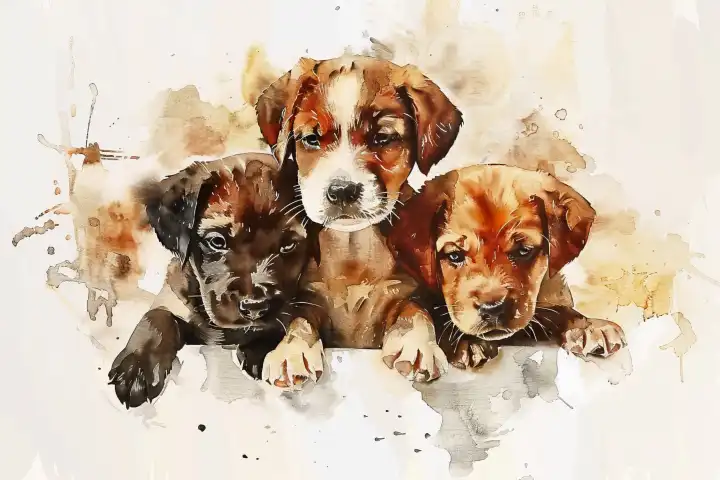 Watercolor of cute dog puppies look at you with their doggy eyes AI generated