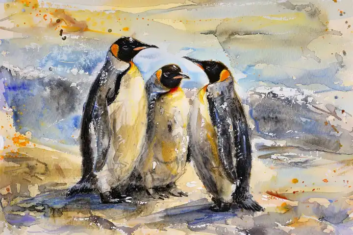 Watercolor of penguins on ice AI generated