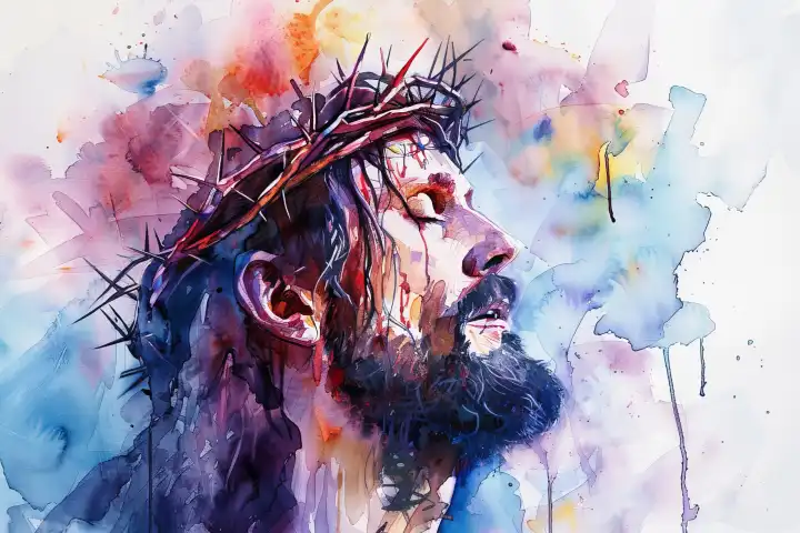 Aquarellmalerei von Jesus Christus mit Dornenkrone Retter der Welt AI generiert