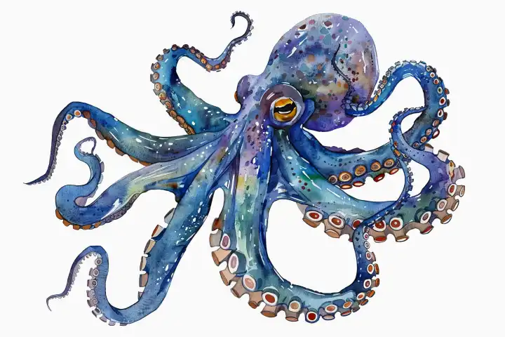 Watercolor painting of an octopus with eight arms AI generated