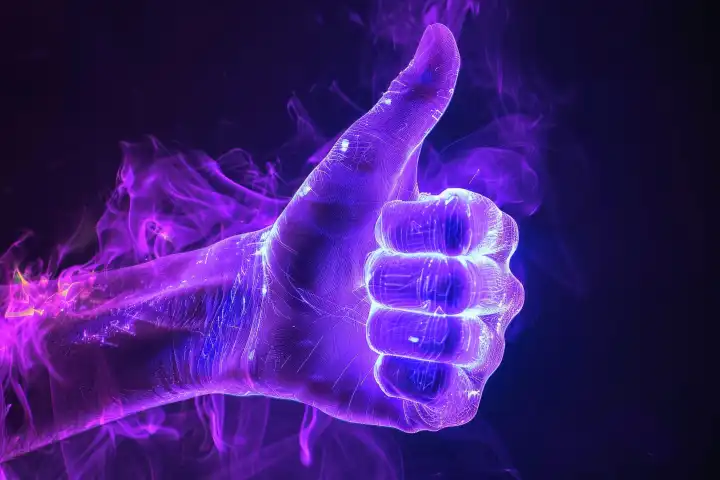 Eine Kirlian-Aura einer menschlichen Hand in esoterischen Farben, die alle Finger zeigt, generiert mit KI