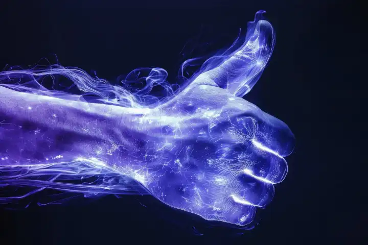 Eine Kirlian-Aura einer menschlichen Hand in esoterischen Farben, die alle Finger zeigt, generiert mit KI