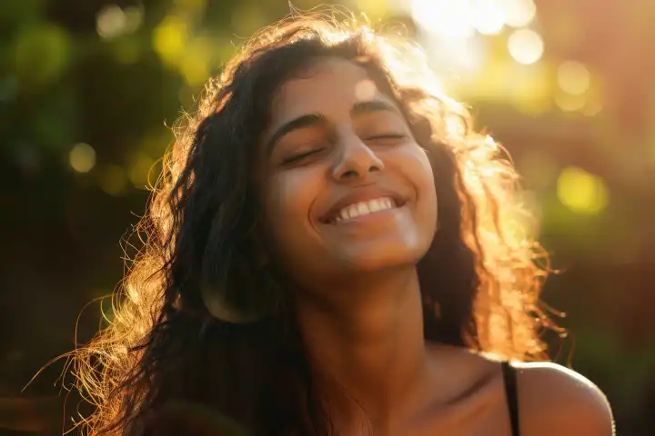 Eine südasiatische Frau, die mit geschlossenen Augen lacht, während das Sonnenlicht durch ihr Haar fällt und ein warmes Leuchten auf ihr Gesicht zaubert, generiert mit KI
