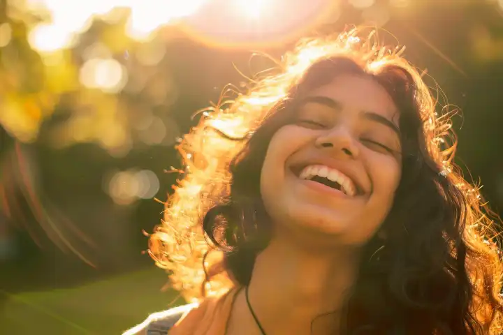 Eine südasiatische Frau, die mit geschlossenen Augen lacht, während das Sonnenlicht durch ihr Haar fällt und ein warmes Leuchten auf ihr Gesicht zaubert, generiert mit KI