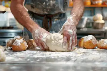 A baker kneading dough on a floured counter in a warm bakery, generated with AI