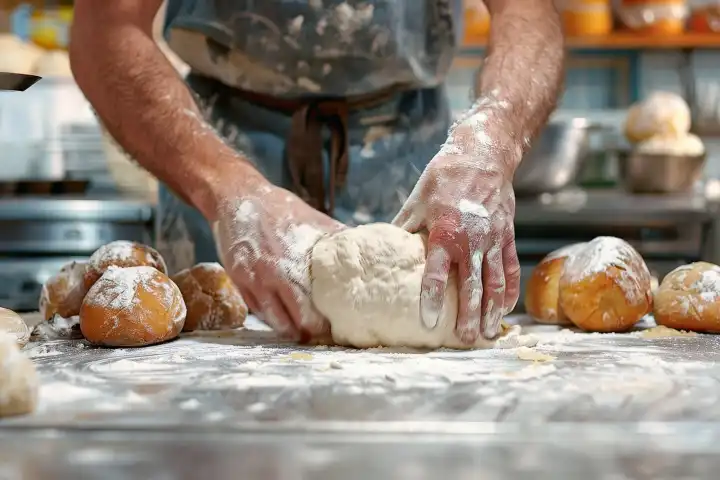 Ein Bäcker knetet Teig auf einer bemehlten Arbeitsfläche in einer warmen Backstube, generiert mit KI
