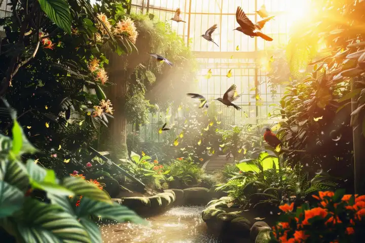 Ein schöner und künstlerischer Garten mit einigen Vögeln, die um AI herumfliegen