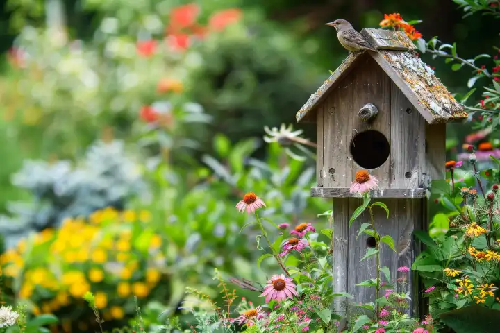 Ein schönes Vogelhaus in einem Garten AI erzeugt