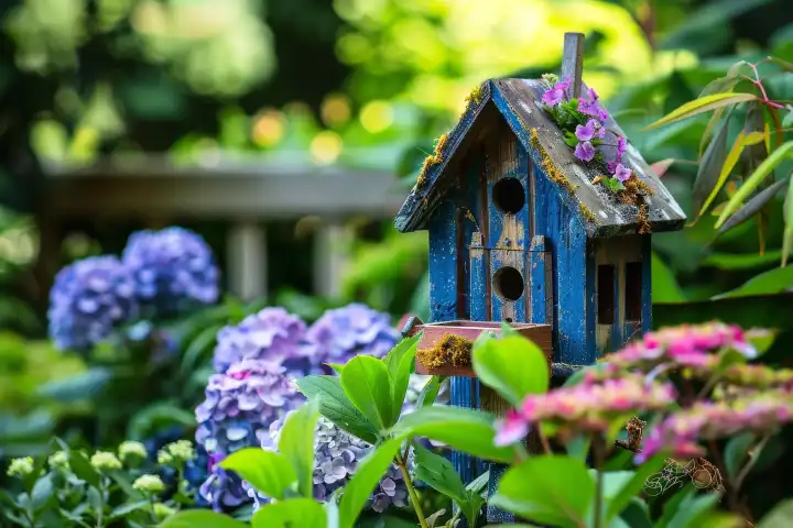 Ein schönes Vogelhaus in einem Garten AI erzeugt
