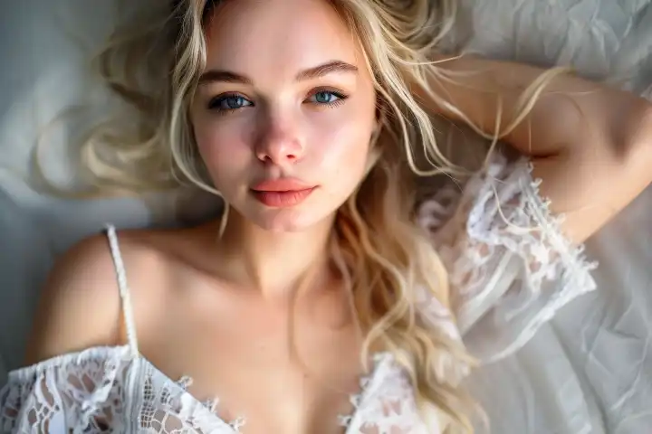 Eine schöne blonde Frau im Nachthemd, generiert mit KI
