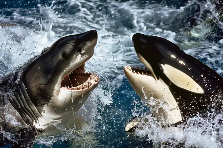 Ein großer weißer Hai und ein Orca kämpfen gegen eine AI-generierte Unterwasserwelt
