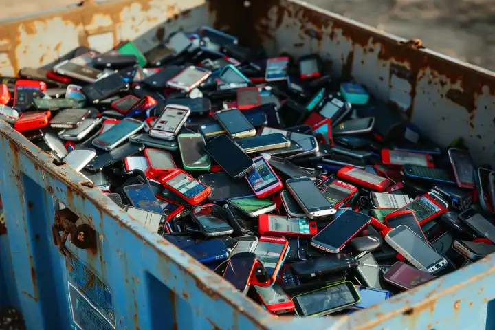 Eine Tonne voller alter Smartphones auf dem E-Schrottplatz, generiert mit KI