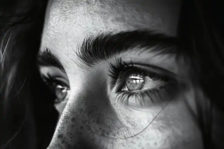 Ein Schwarz-Weiß-Porträt einer Frau in Nahaufnahme mit dramatischer Beleuchtung, die die Augen betont, generiert mit KI