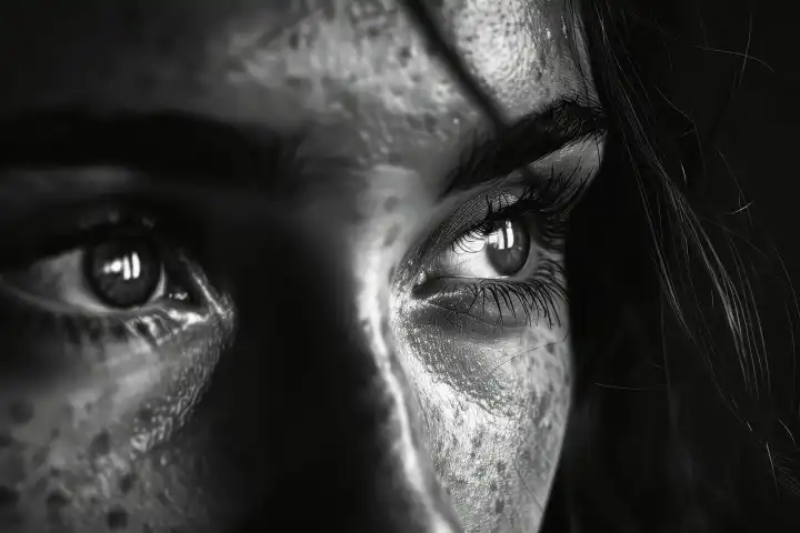 Ein Schwarz-Weiß-Porträt einer Frau in Nahaufnahme mit dramatischer Beleuchtung, die die Augen betont, generiert mit KI