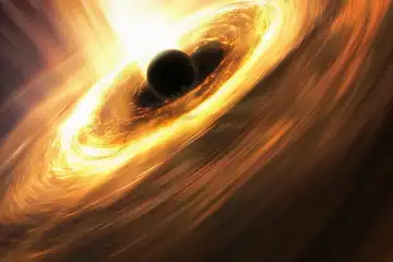 Ein schwarzes Loch mit seinem Ereignishorizont und einer wirbelnden Akkretionsscheibe erzeugt AI