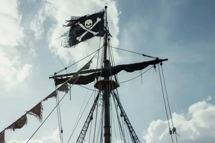 Eine schwarze Piratenflagge am Mast eines Segelschiffs, AI-generiert
