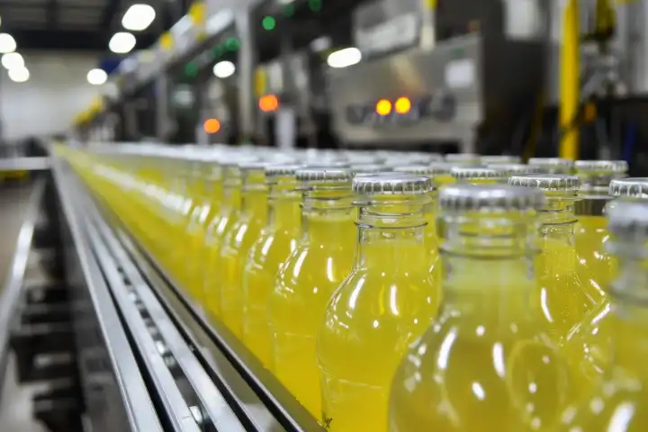 Eine Abfüllanlage für gelbe Limonadenflaschen, generiert mit KI