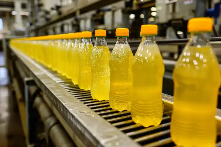 Eine Abfüllanlage für gelbe Limonadenflaschen, generiert mit KI