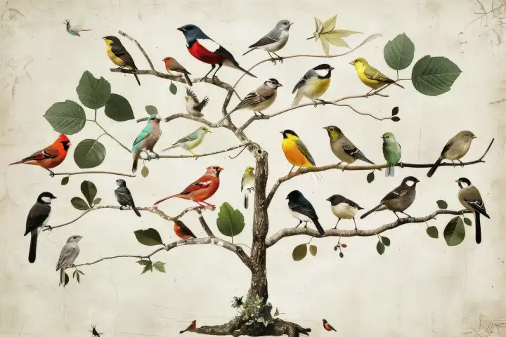 Ein verzweigtes Baumdiagramm, das die Evolution der verschiedenen Vögel darstellt, wurde mit AI erstellt
