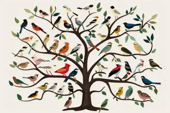 Ein verzweigtes Baumdiagramm, das die Evolution der verschiedenen Vögel darstellt, wurde mit AI erstellt