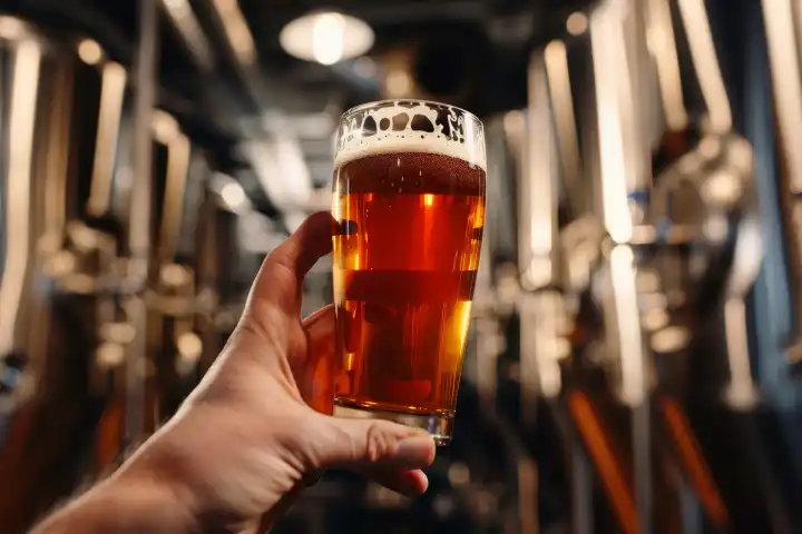 Ein Brauer hält ein Glas frisch gebrautes Bier gegen das Licht, generiert mit KI