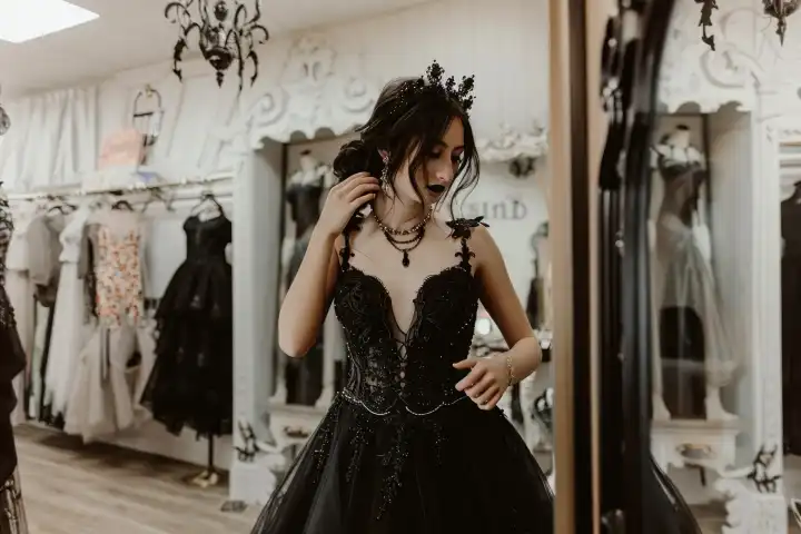 Eine Braut probiert ein schwarzes Hochzeitskleid in einem Geschäft an und sieht aus wie eine Gothic-Göttin, generiert mit KI