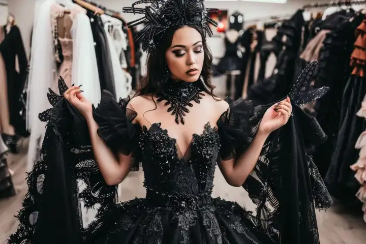 Eine Braut probiert ein schwarzes Hochzeitskleid in einem Geschäft an und sieht aus wie eine Gothic-Göttin, generiert mit KI