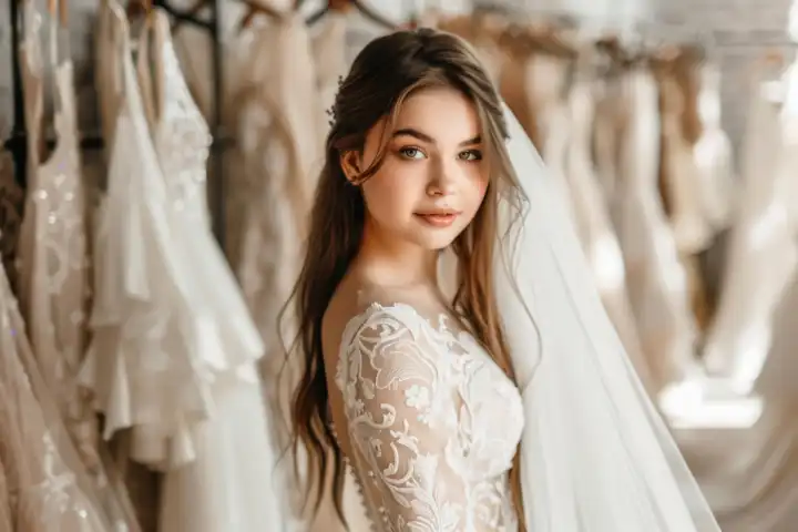 Eine Braut probiert ein Hochzeitskleid an und sieht aus wie eine Prinzessin, generiert mit KI