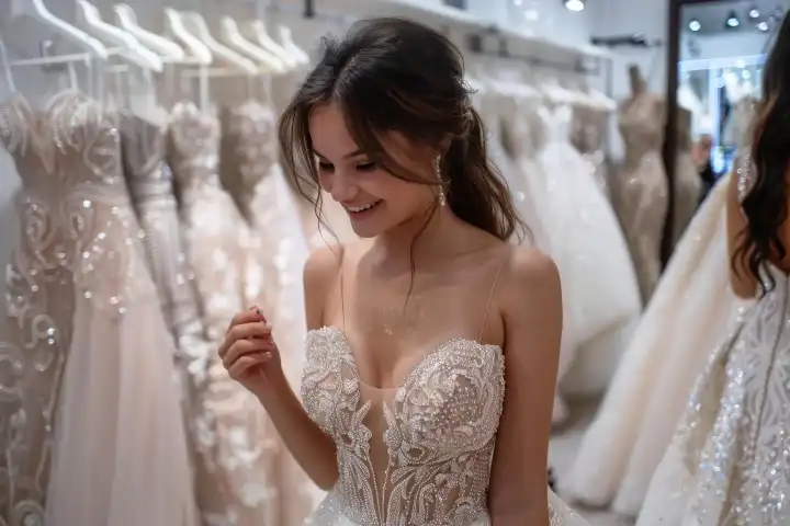 Eine Braut probiert ein Hochzeitskleid an und sieht aus wie eine Prinzessin, generiert mit KI