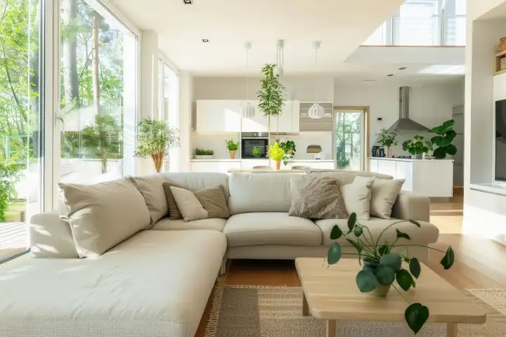 Ein helles und luftiges, offenes Wohnzimmer mit einem großen Sektionssofa, generiert mit KI