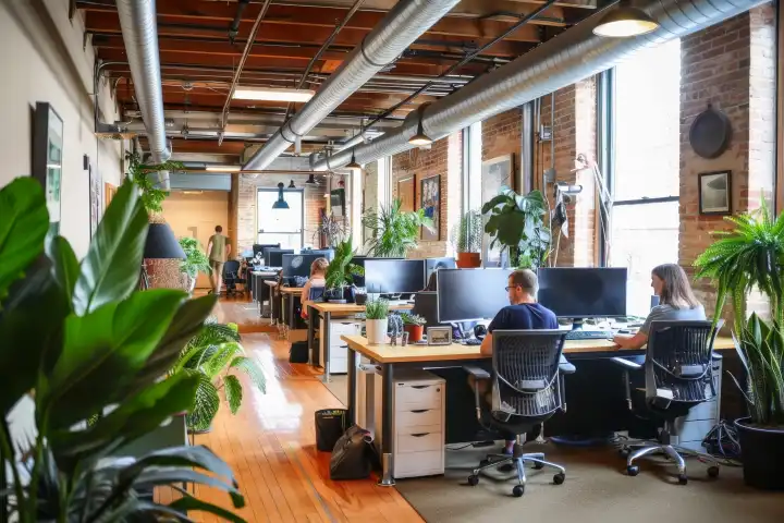 Ein heller Büroraum mit Mitarbeitern, die das natürliche Licht nutzen, generiert mit KI