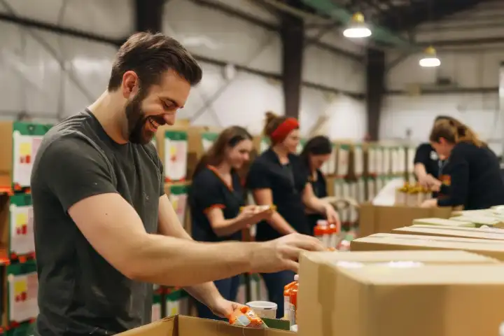 Ein Unternehmensteam arbeitet ehrenamtlich bei einer örtlichen Lebensmittelbank und sortiert und verpackt Spenden, generiert mit KI