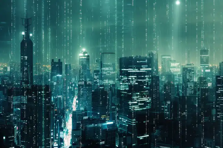 Eine belebte Stadtlandschaft, die eine digitale Welt unter der Oberfläche offenbart, die von der künstlichen Intelligenz erzeugt wird, generiert mit KI