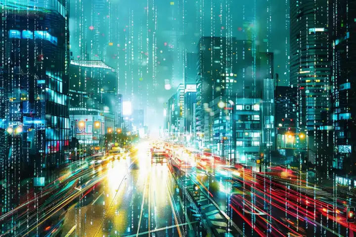 Eine belebte Stadtlandschaft, die eine digitale Welt unter der Oberfläche offenbart, die von der künstlichen Intelligenz erzeugt wird, generiert mit KI