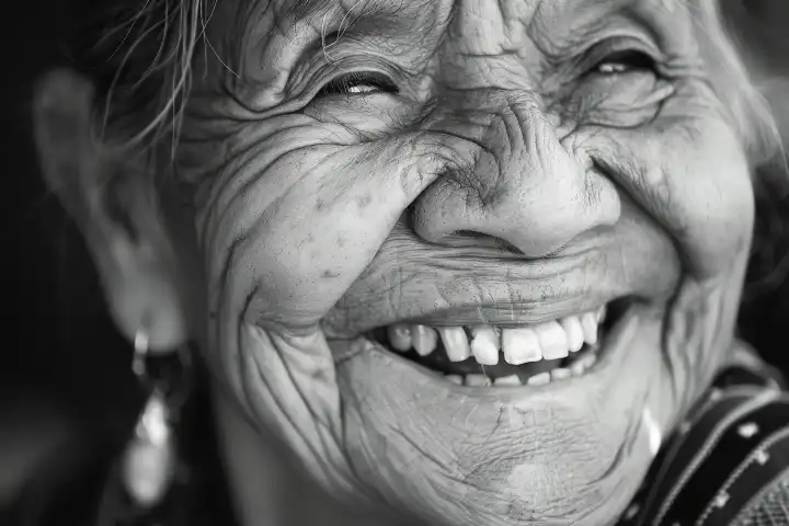 Ein offenes Porträt einer alten Frau, die wirklich lacht und Falten um ihre Augen hat, generiert mit KI